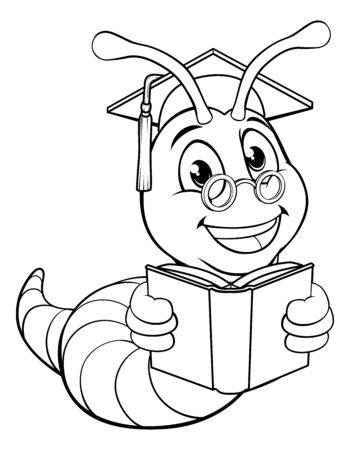 A bookworm cute cartoon worm in black and white outline like a kids coloring book pageのイラスト素材