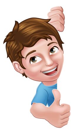 A kid cartoon boy child peeking around a sign and giving a thumbs upのイラスト素材