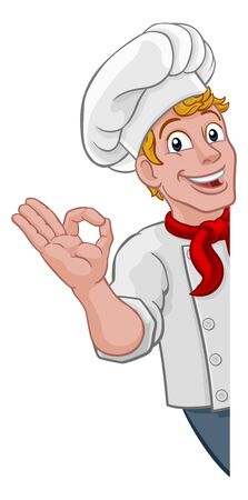 A chef cook or baker man cartoon character giving a perfect or okay chefs hand sign. Peeking around a background sign.のイラスト素材
