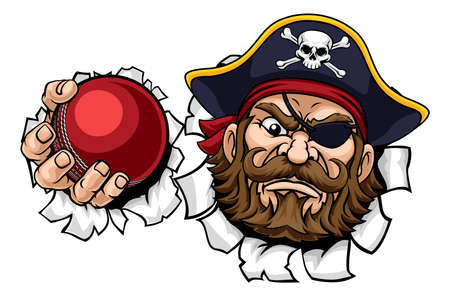 A pirate cricket sports mascot cartoon character holding a ballのイラスト素材