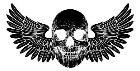 A winged skull graphic. Original illustration in a vintage engraving woodcut etching style.のイラスト素材
