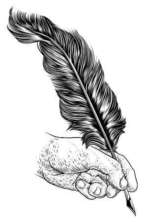 Quill Feather Ink Pen Hand Vintage Woodcut Printのイラスト素材