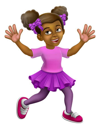 Happy Black Girl Cartoon Child Kid Waving Runningのイラスト素材
