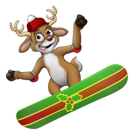 Christmas Reindeer Snowboarding Snow Board Cartoonのイラスト素材