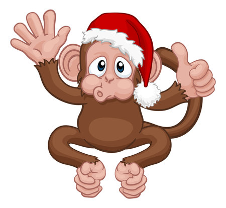 Christmas Monkey Cartoon Character in Santa Hatのイラスト素材