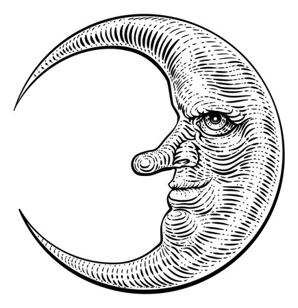 Moon Face Woodcut Drawing Retro Vintage Engravingのイラスト素材