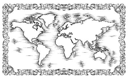 World Map Drawing Old Woodcut Engraved Styleのイラスト素材