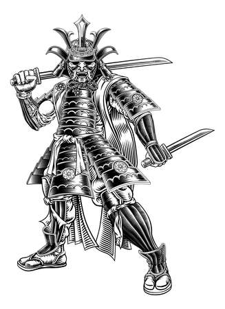 Samurai Japanese warrior in vintage engraved etching art styleのイラスト素材