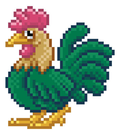 Chicken Cockerel Pixel Art Video Game Cartoonのイラスト素材