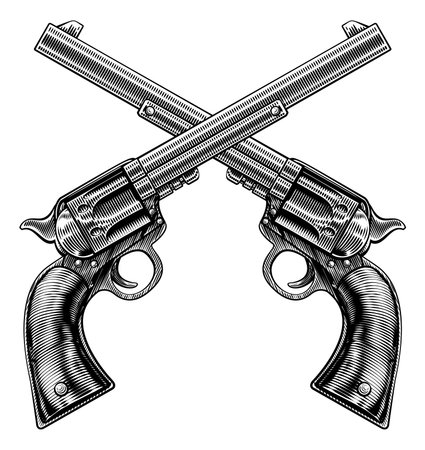Cross Gun Revolver Western Cowboy Pistols Woodcutのイラスト素材