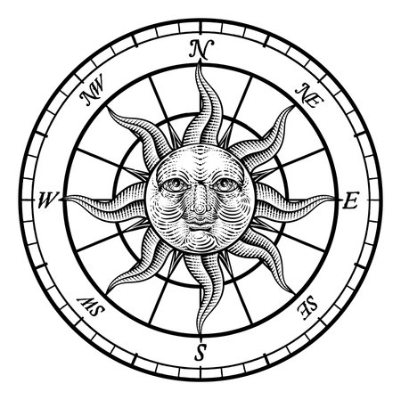 Compass Sun Face Etching Rose Woodcut Drawingのイラスト素材