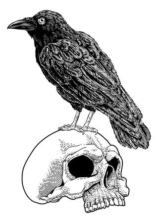 Crow Raven Corvus Bird and Skull Vintage Woodcutのイラスト素材
