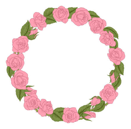 Roses Woodcut Vintage Style Flower Circle Wreathのイラスト素材