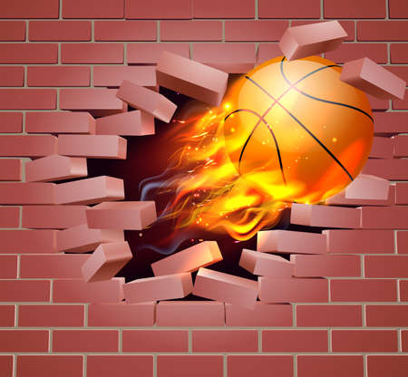 Flaming Basketball Ball Breaking Through Brick Wallのイラスト素材