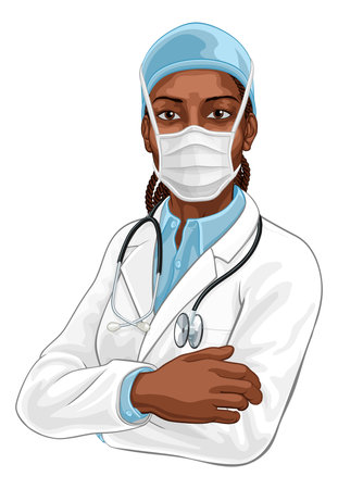 Black Woman Medical Doctor in PPE Maskのイラスト素材