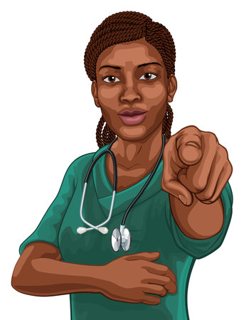 Black Woman Medical Doctor Nurse Pointingのイラスト素材