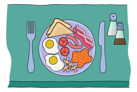 Fried Breakfast Food Knife Fork Plate Illustrationのイラスト素材