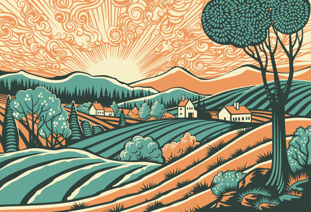 Fields Rolling Hills Sunrise Farm Land Backgroundのイラスト素材