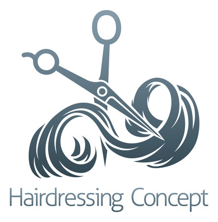 Hairdresser or hair salon concept icon with silhouette hairdressers scissors cutting a long flowing lock of womans hair.のイラスト素材