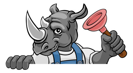 A rhino plumber cartoon mascot holding a toilet or sink plunger peeking round a signのイラスト素材