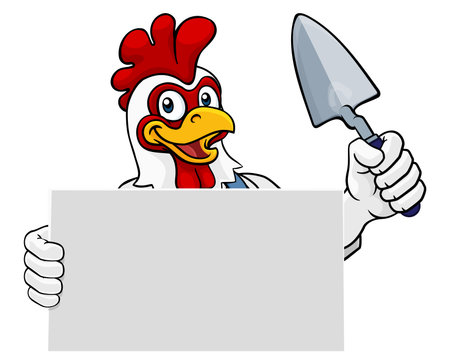 A bricklayer rooster chicken handyman cartoon construction mascot character holding a trowel toolのイラスト素材
