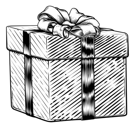 Christmas gift or birthday present in a box. Wrapped in wrapping paper with ribbon bow in a hand drawn vintage woodcut illustration etching style.のイラスト素材