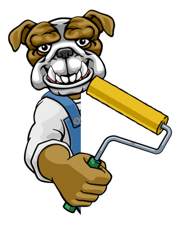 A bulldog painter decorator handyman cartoon construction man mascot character holding a paint roller toolのイラスト素材