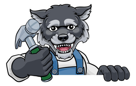 Wolf Carpenter Handyman Builder Holding Hammerのイラスト素材