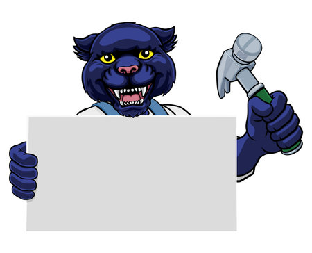 Panther Hammer Cartoon Mascot Handyman Carpenterのイラスト素材