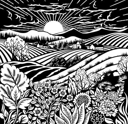Fields Rolling Hills Farm Land Flowers Backgroundのイラスト素材
