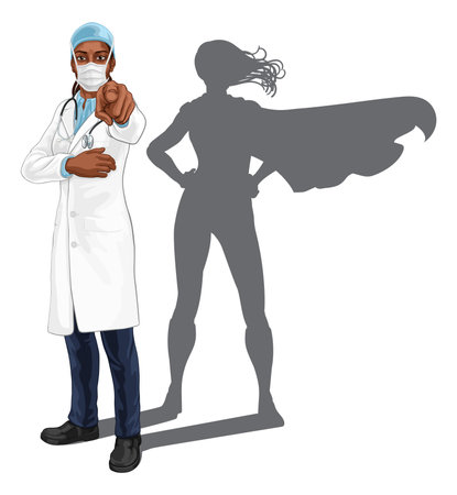 Super Hero Black Woman Doctor Superhero Pointingのイラスト素材