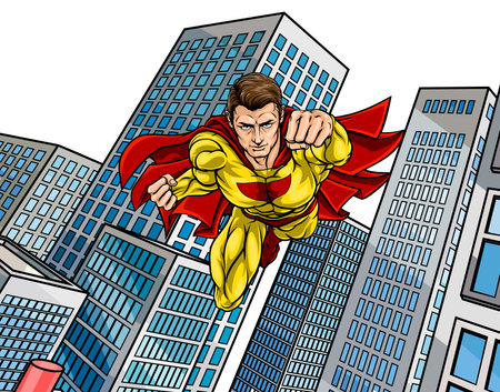 Super Hero Flying City Comic Book Superhero Poseのイラスト素材