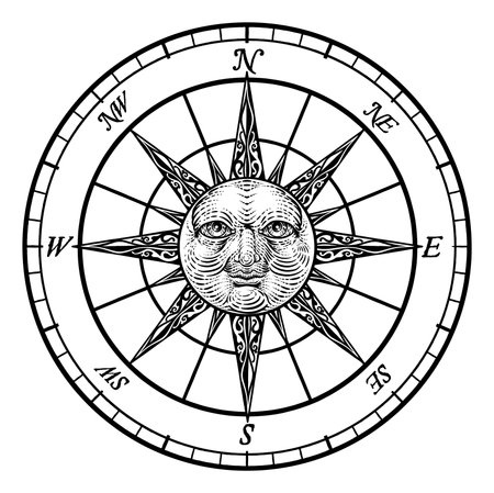 Compass Sun Face Etching Rose Woodcut Drawingのイラスト素材