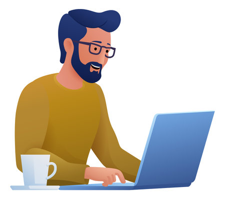 Man Using Laptop Computer Cartoon Illustrationのイラスト素材