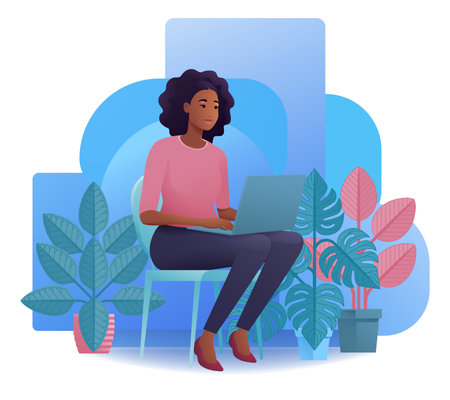 Woman Using Laptop Computer Cartoon Illustrationのイラスト素材
