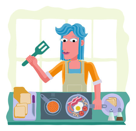 Woman Cooking Food Fried English Breakfast Kitchenのイラスト素材