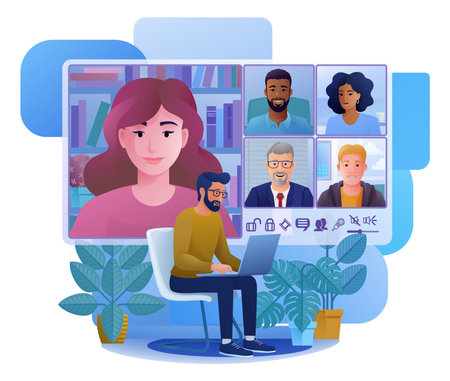 Man Video Conference Call Team Meeting Cartoonのイラスト素材