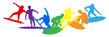 Surfers Surfing on Surf Boards Silhouettes Conceptのイラスト素材