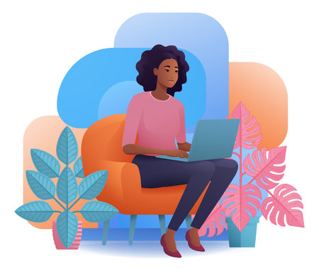 Woman Using Laptop Computer Cartoon Illustrationのイラスト素材