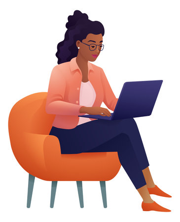 Woman Using Laptop Computer Cartoon Illustrationのイラスト素材