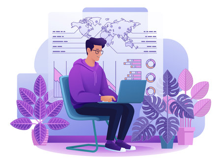 Man Working Laptop Business Report Illustrationのイラスト素材