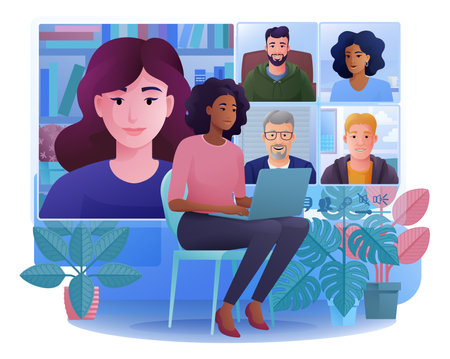 Woman Online Video Call Meeting Laptop Cartoonのイラスト素材