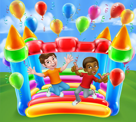 Bouncy House Castle Jumping Boys Kids Cartoonのイラスト素材