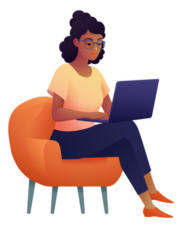 Woman Using Laptop Computer Cartoon Illustrationのイラスト素材