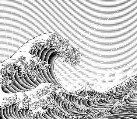 Great Wave Vintage Japanese Engraved Woodcut Styleのイラスト素材