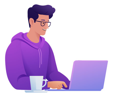 Man Using Laptop Computer Cartoon Illustrationのイラスト素材