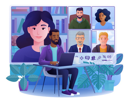Man Online Video Call Team Meeting Laptop Cartoonのイラスト素材