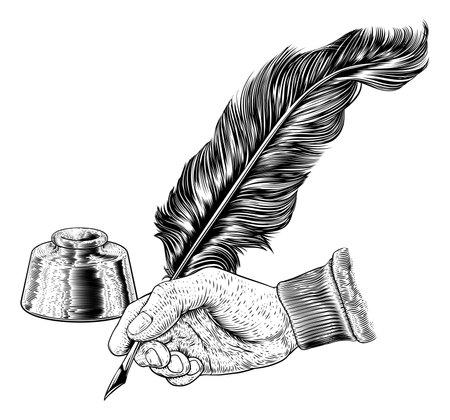 Quill Feather Ink Pen Hand Vintage Woodcut Printのイラスト素材