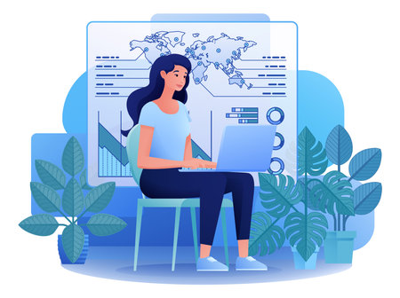 Finance Analysis Woman Remote Working Cartoonのイラスト素材