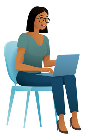Woman Using Laptop Computer Cartoon Illustrationのイラスト素材
